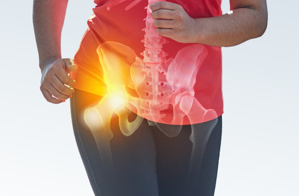 Translucent skeletal illustration indicating hip pain
